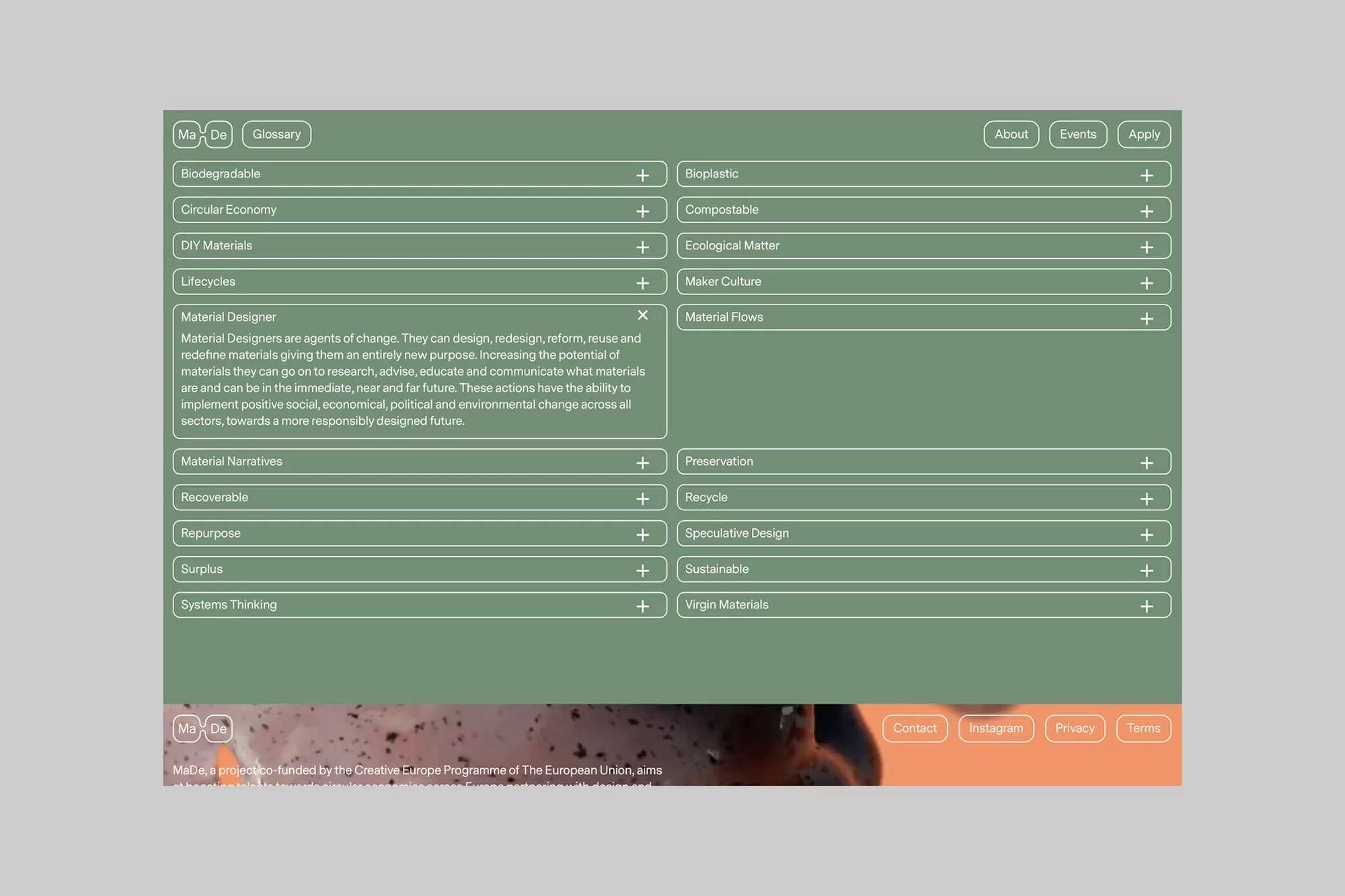 Webpage screenshot showing MaDe platform interface with a glossary of material design terms, including bioplastic, compostable, and sustainable.