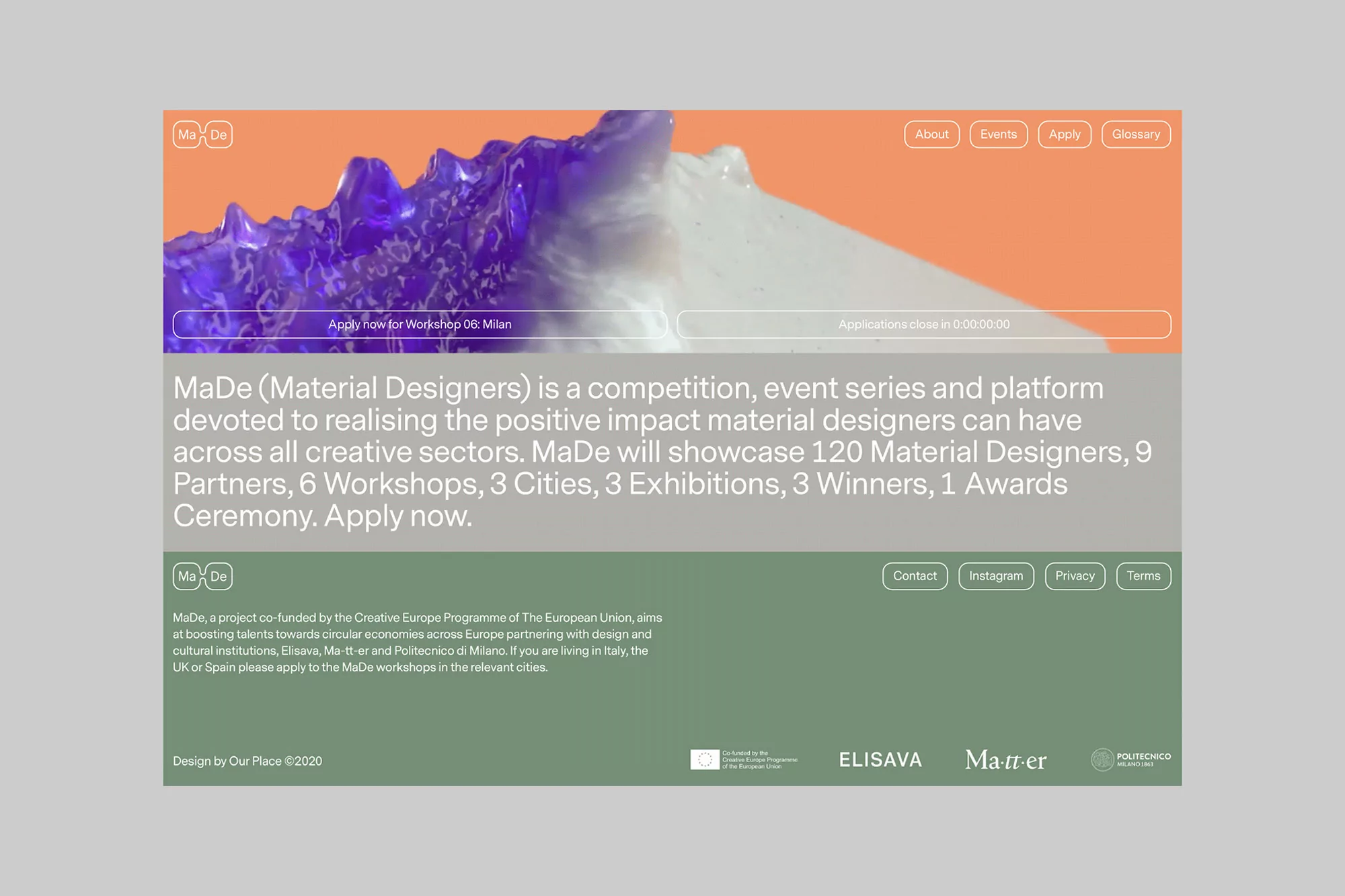 Website promoting MaDe (Material Designers) competition with details about event series and platform. Peach and green background with purple and white textures.