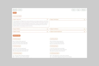 Screenshot of the MaDe website showing event stages, open calls, key dates, and information architecture for designers.
