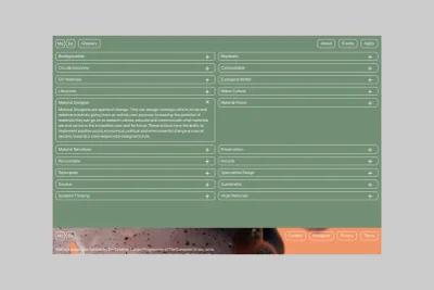 Green website user interface design layout with rounded glossary buttons and descriptive material definitions