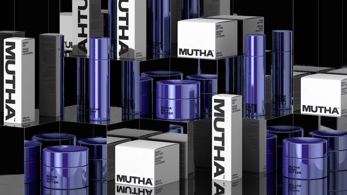 Cosmetic product line by Mutha featuring body oil, body butter, displayed with containers on a reflective surface against a black background.