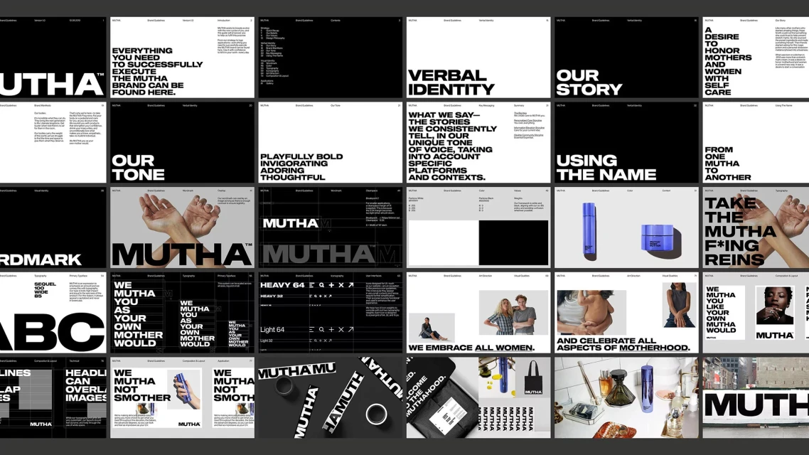 Collection of MUTHA brand guidelines showing typography, photography, and branding elements on a black and white theme. 