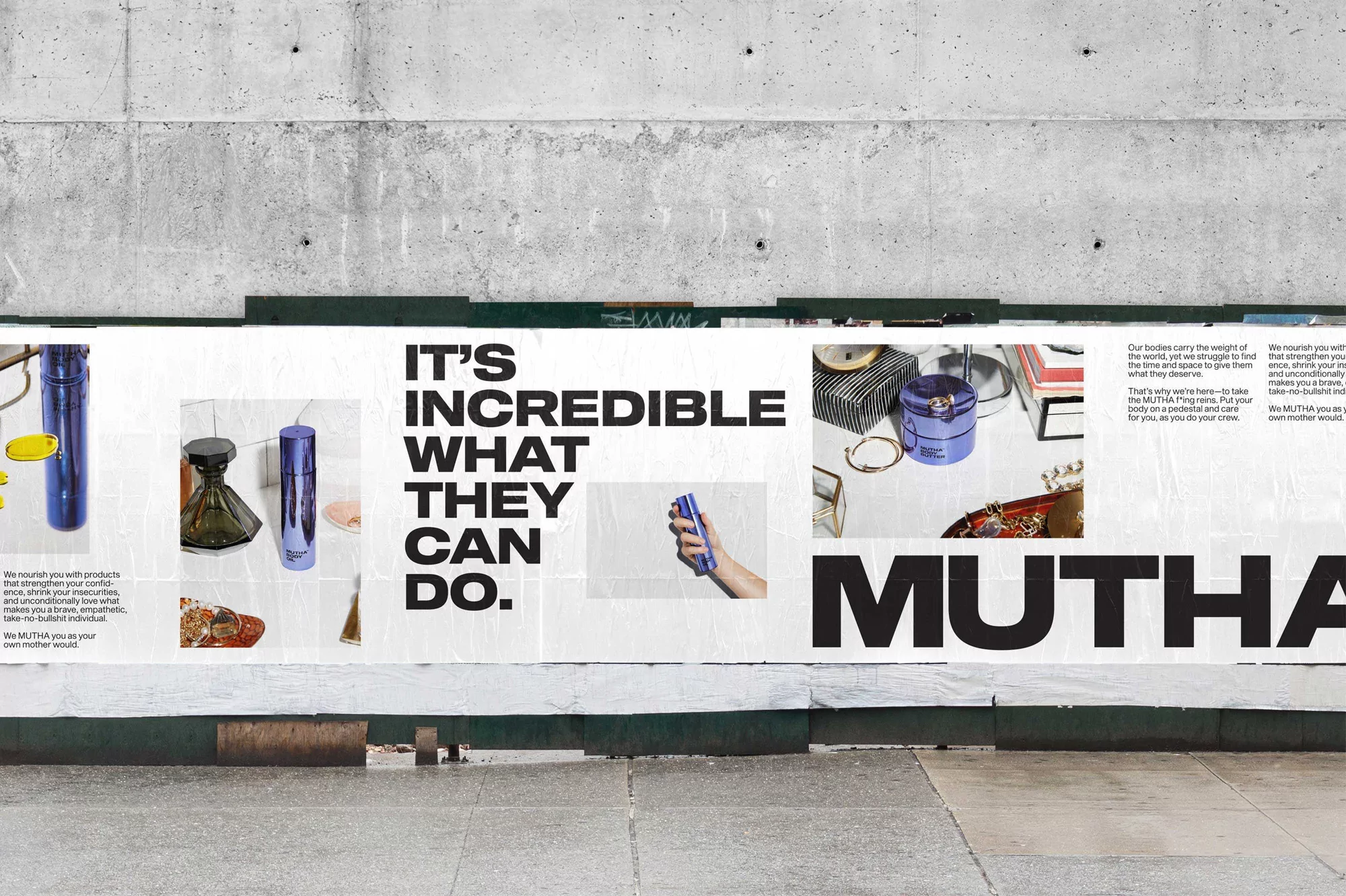 Outdoor billboard showcases beauty product advertisements featuring products and text. Concrete wall and sidewalk provide a street-level view.