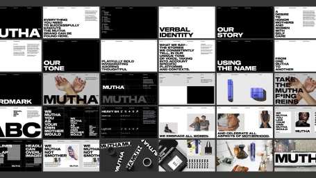 MUTHA brand identity presentation slides showing typography, color palettes, product packaging, and editorial guidelines