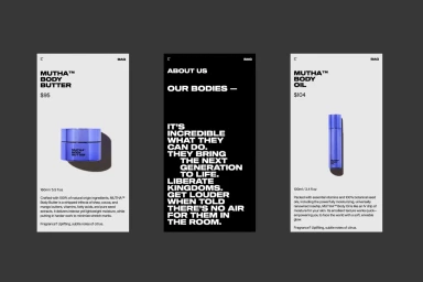 Digital brand identity design for MUTHA skincare showcasing product pages with purple packaging against minimal white and black backdrops