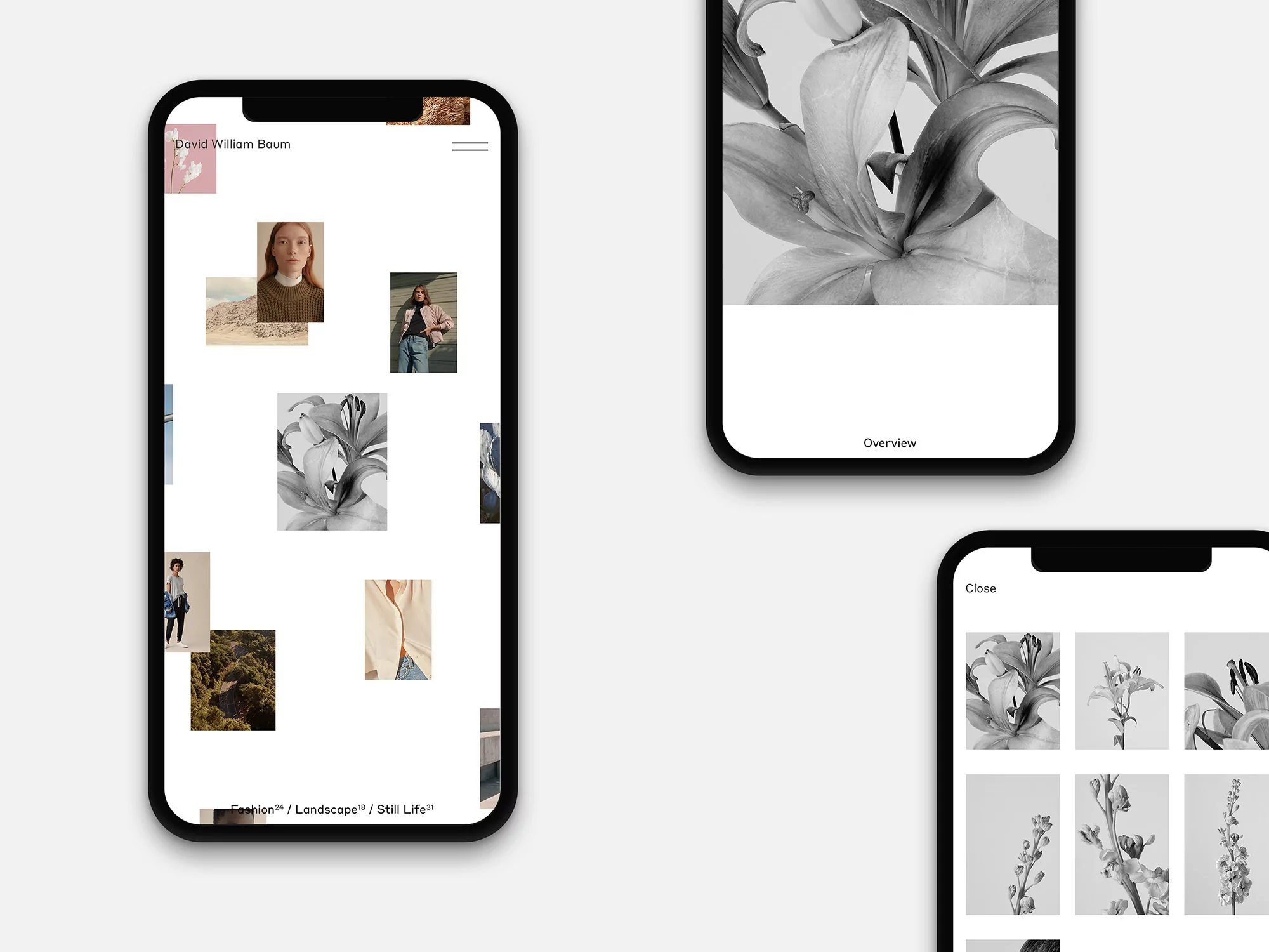 Three smartphone screens display floral and landscape photography in a minimalist, modern design with a light gray background.