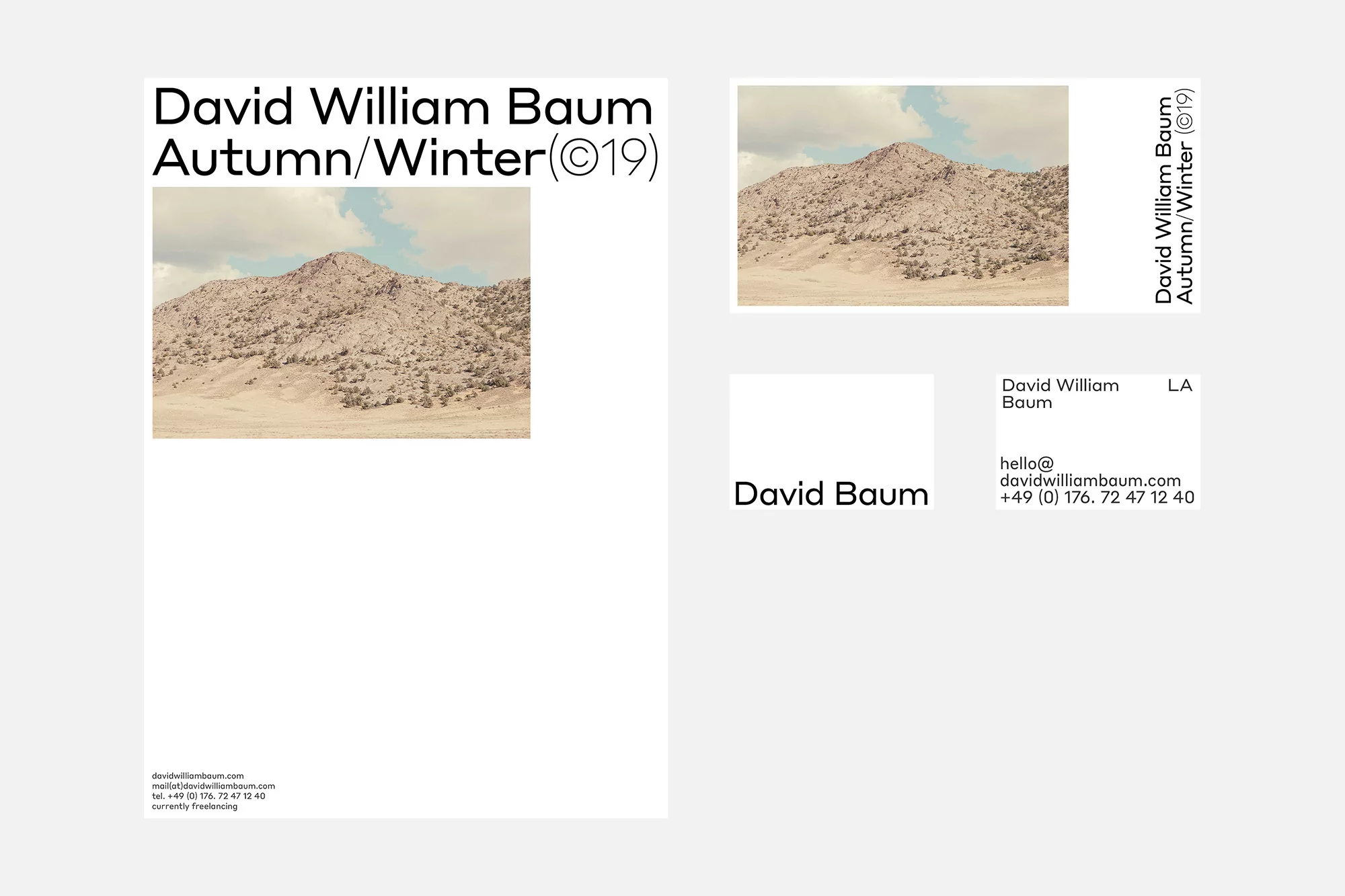 Image of arid mountain landscape with David William Baum's Autumn/Winter design collection branding and contact info for portfolio or marketing.