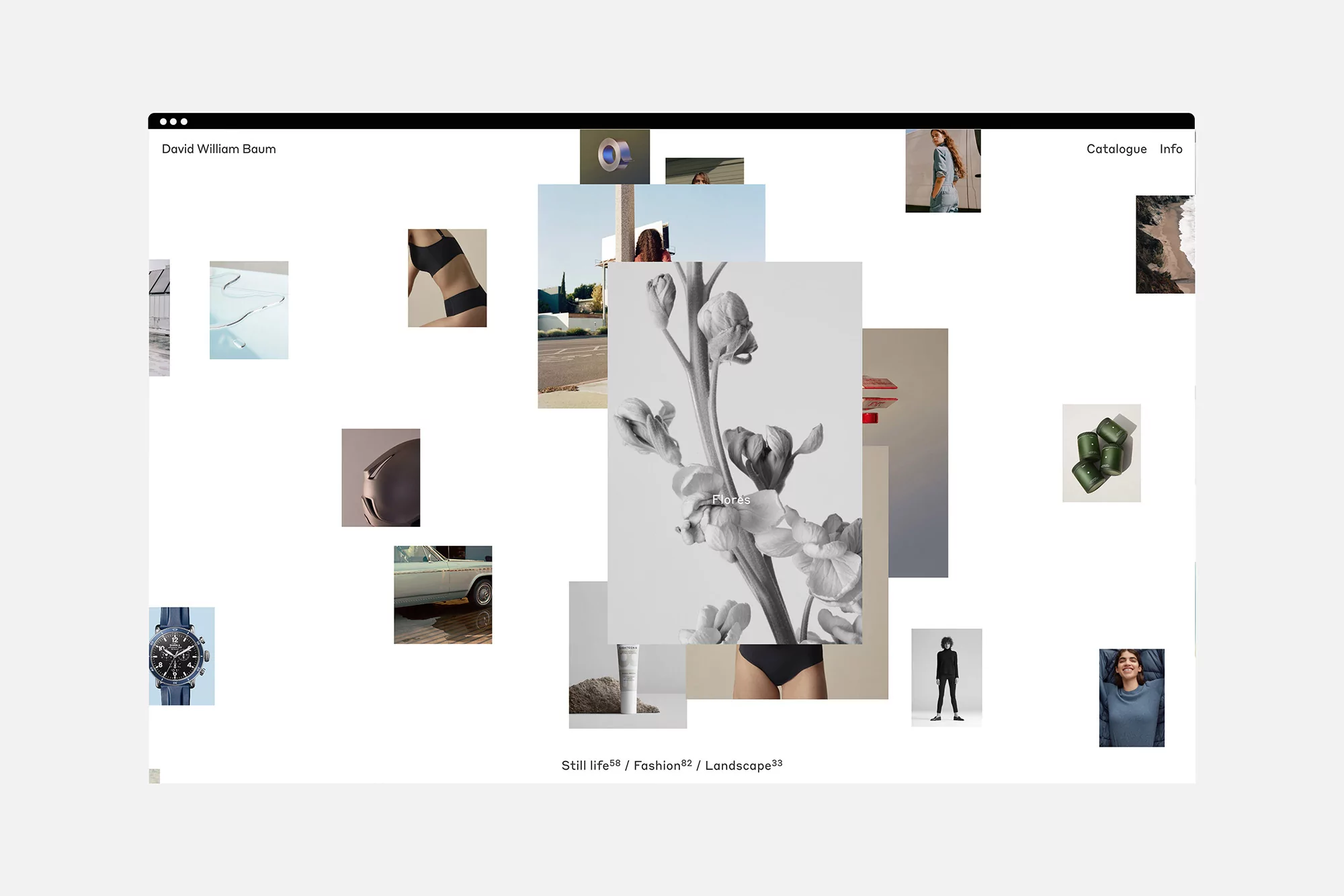 Website homepage displaying diverse images from a portfolio of fashion, flora, landscape, product, and portrait photography.