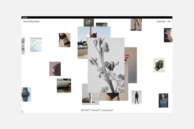 Website homepage displaying diverse images from a portfolio of fashion, flora, landscape, product, and portrait photography.