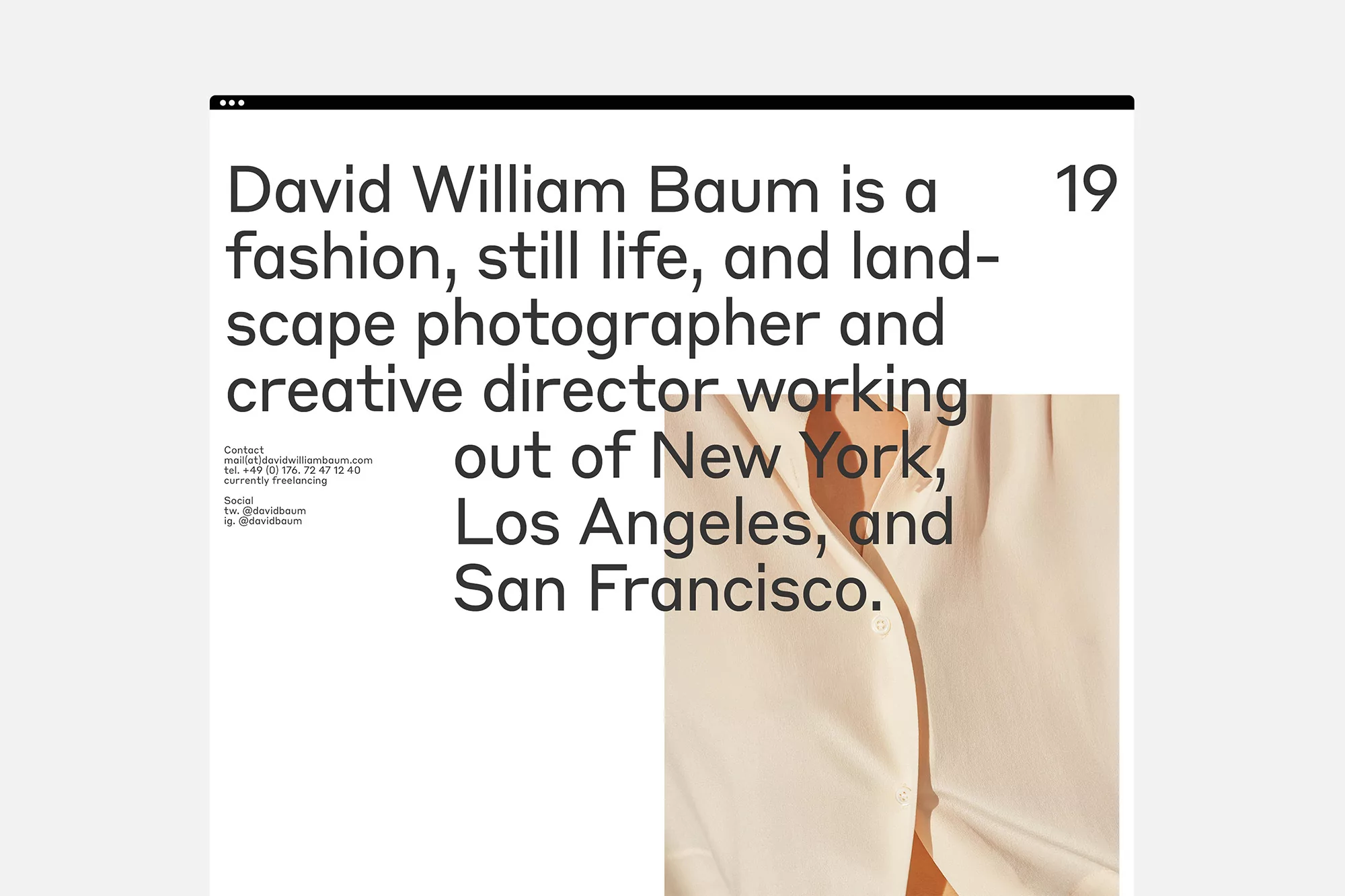 Beige silk blouse detail with text overlay featuring fashion photographer David William Baum and location information for New York and Los Angeles.