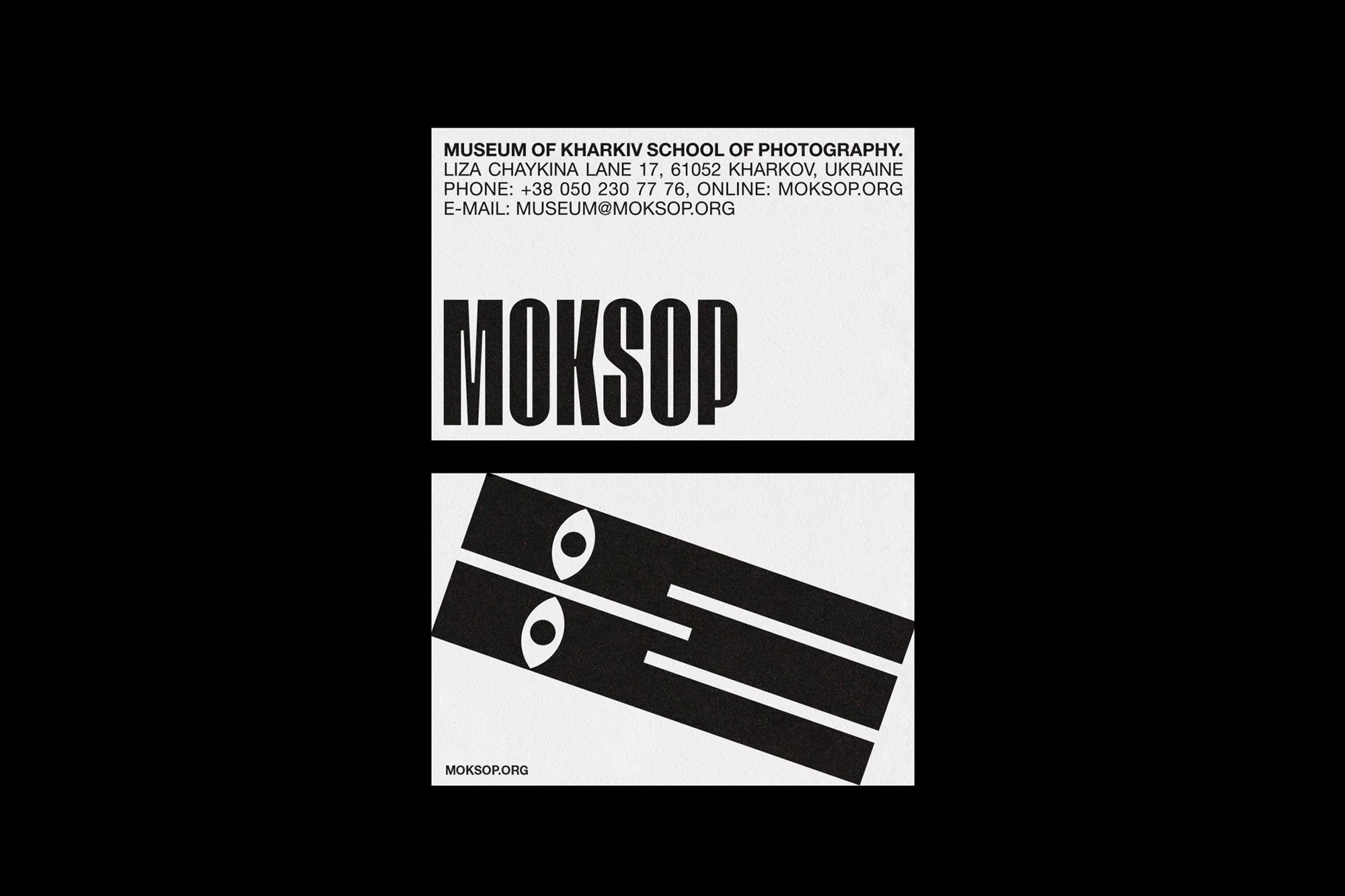 Graphic design artwork featuring a black and white abstract design with text overlay on a white background with a black background.