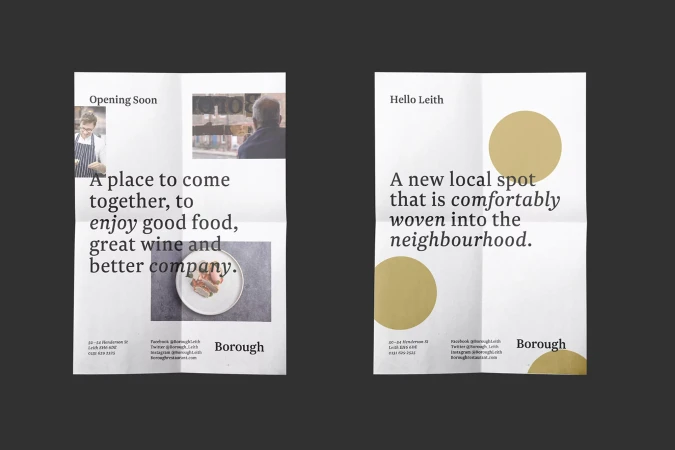Promotional material for Borough restaurant featuring an image of food, a chef, and text promoting the establishment in Edinburgh, Scotland.