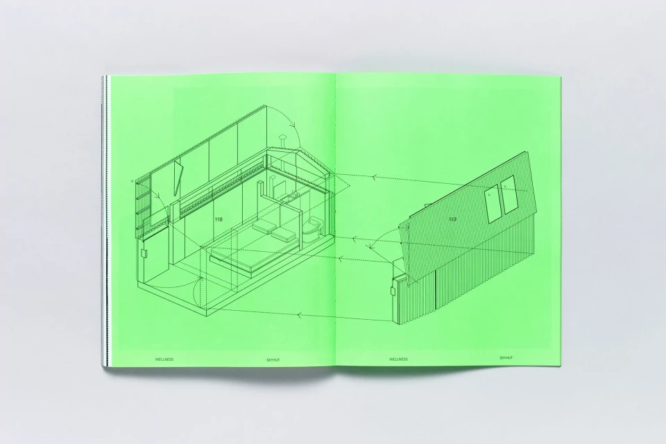 Architectural drawing of a small house interior, depicted on a spread in a book, with a green background and simple black lines.