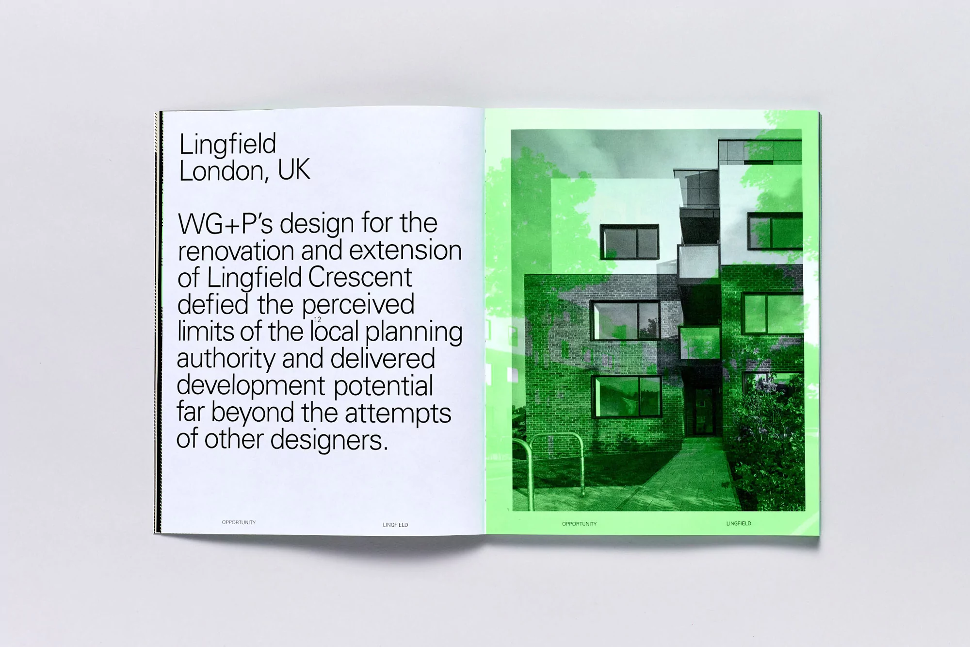 Architectural photography showcasing a modern building facade in green hues, featuring a geometric design and prominent windows, within an open magazine layout.