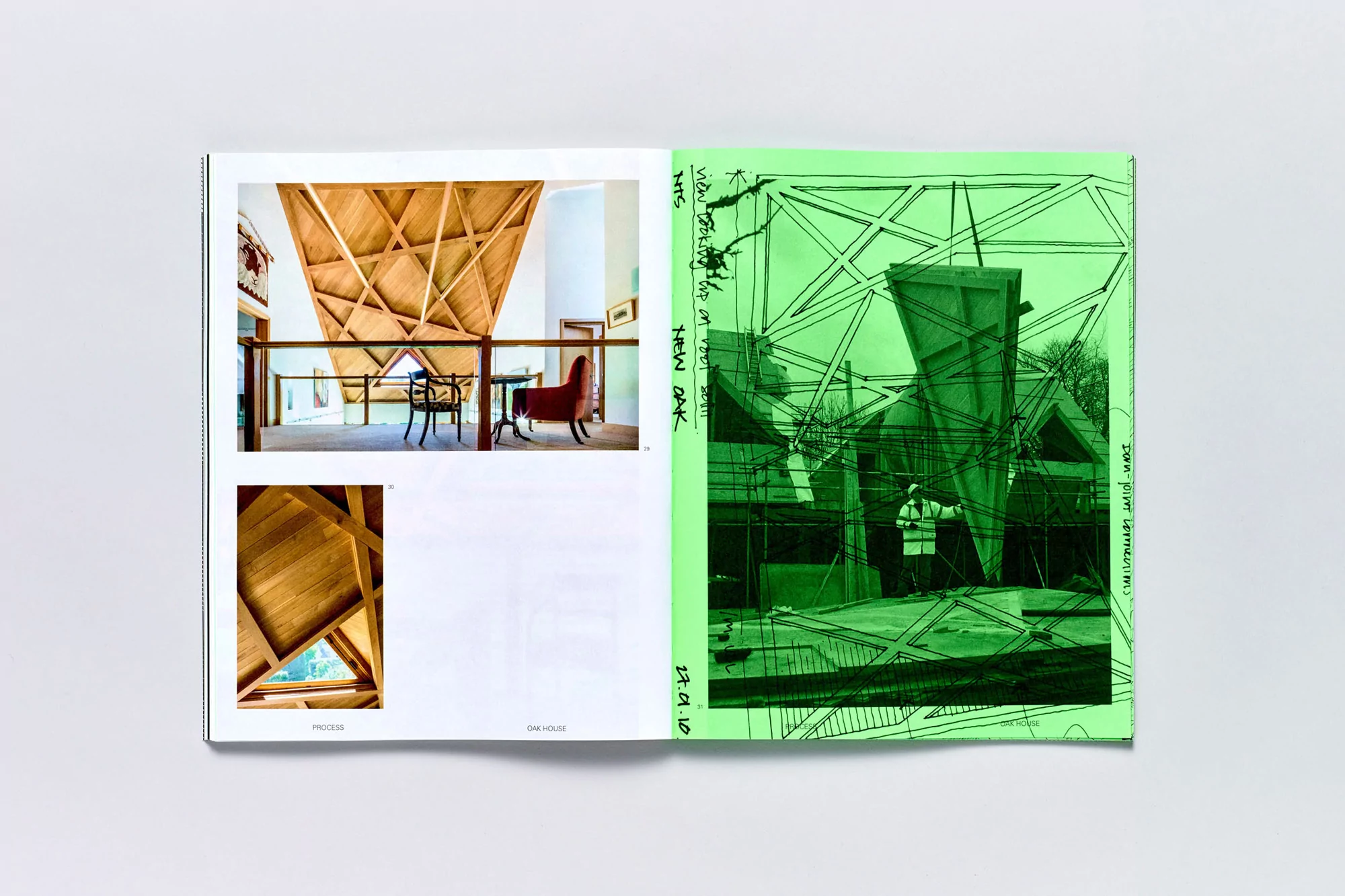 Open book spread featuring architectural interior photography, construction documentation sketches, and a white backdrop.