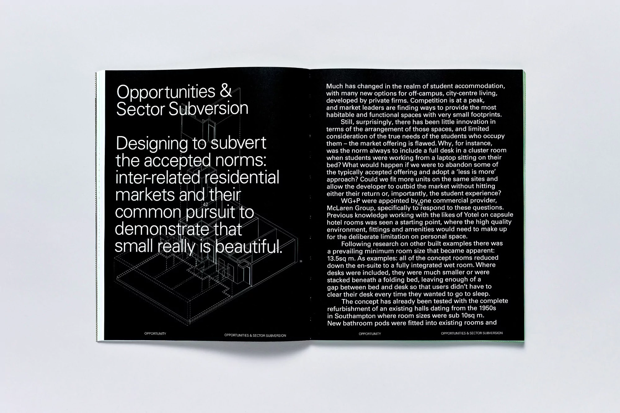 Open publication spread featuring bold white typography on a black page and architectural line drawings against a plain white background.