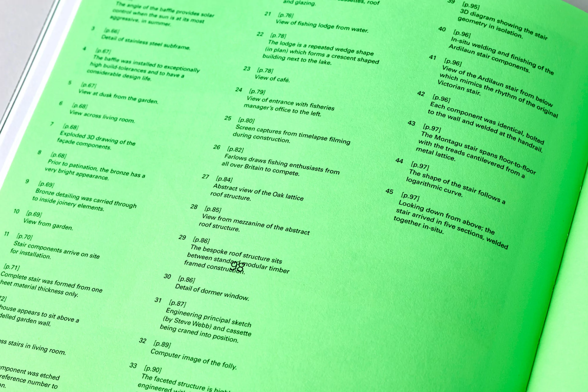 Pages of an architectural design book showing diagrams, descriptions, and sketches of a building and staircase project in green tones.