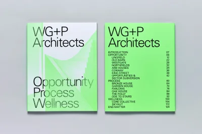 Front and back covers of a green and white WG+P Architects brochure showcasing clean typography and graphic design.