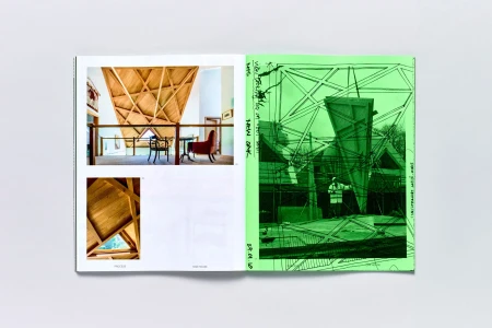 Open magazine spread showing architectural photographs on the left and bright green overlaid architectural sketches on the right.