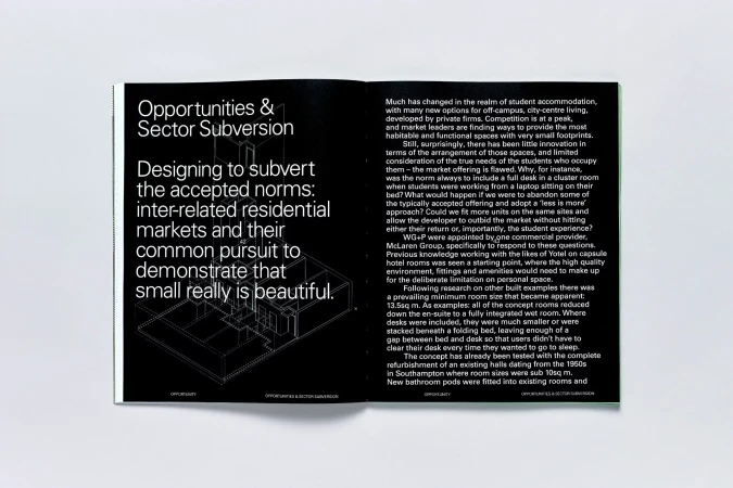 Open publication spread featuring bold white typography on a black page and architectural line drawings against a plain white background.