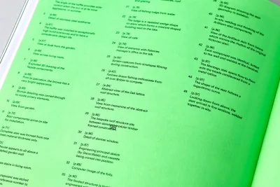 Bright green printed book page with multiple columns of descriptive text and page numbers for WG+P Architects brand identity