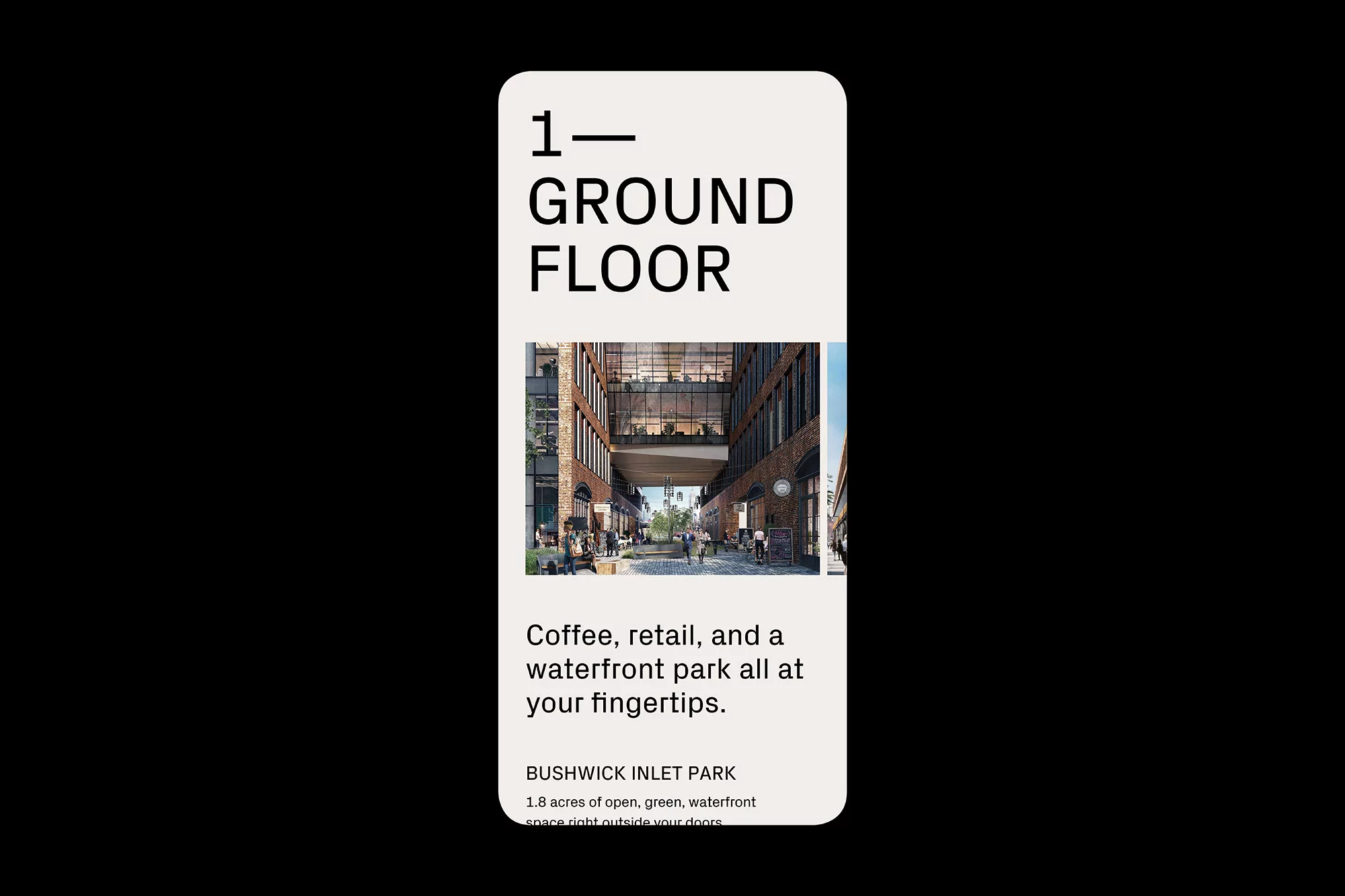 Building exterior showcases modern architecture and open spaces; retail, coffee shops, and a waterfront park can be seen in the area.
