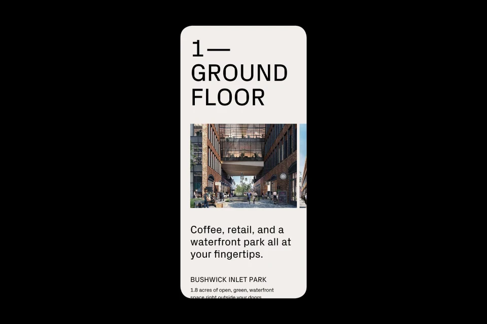 Building exterior showcases modern architecture and open spaces; retail, coffee shops, and a waterfront park can be seen in the area.