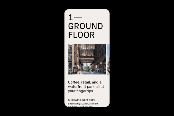 Building exterior showcases modern architecture and open spaces; retail, coffee shops, and a waterfront park can be seen in the area.