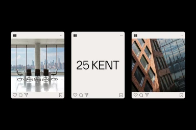 Three social media interface mockups displaying office interior, text 25 KENT, and architectural brick facade.