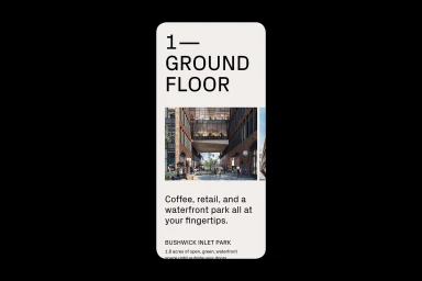 Vertical graphic design layout featuring bold typography, architectural imagery, and text about Bushwick Inlet Park.