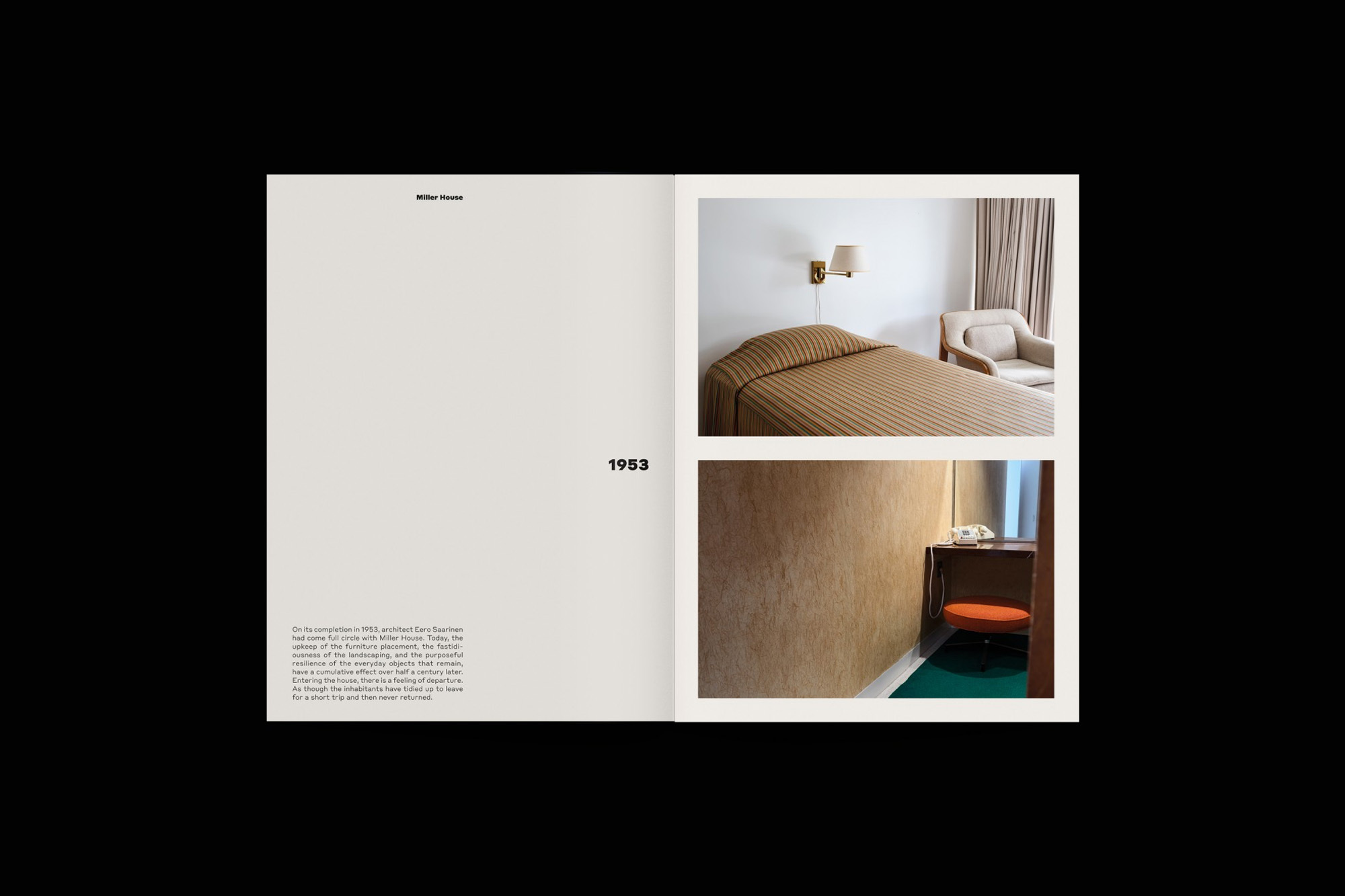 Interior design photography showcasing mid-century modern motel rooms, including beds, furniture, and decor, with an emphasis on minimalist aesthetics.