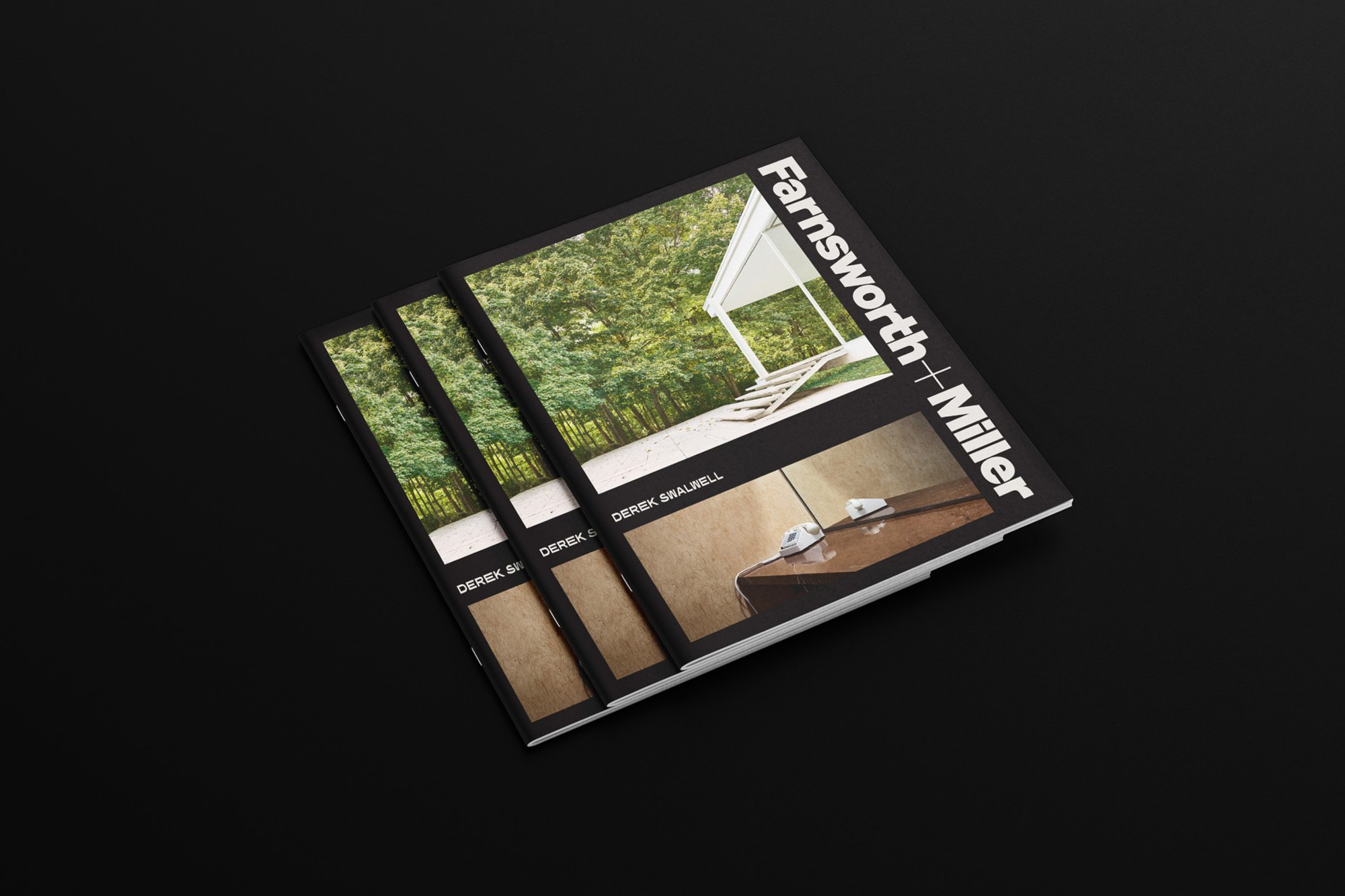 Three architecture and design publications by Farnsworth + Miller displayed on a black background, featuring a house and interior shots.