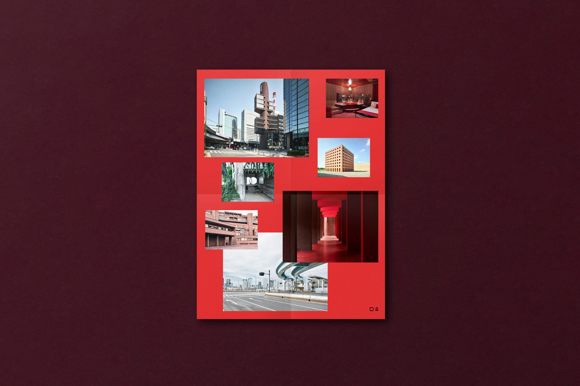 Collage of architectural images on a red background featuring a variety of building styles and urban landscapes, creating an artistic layout.