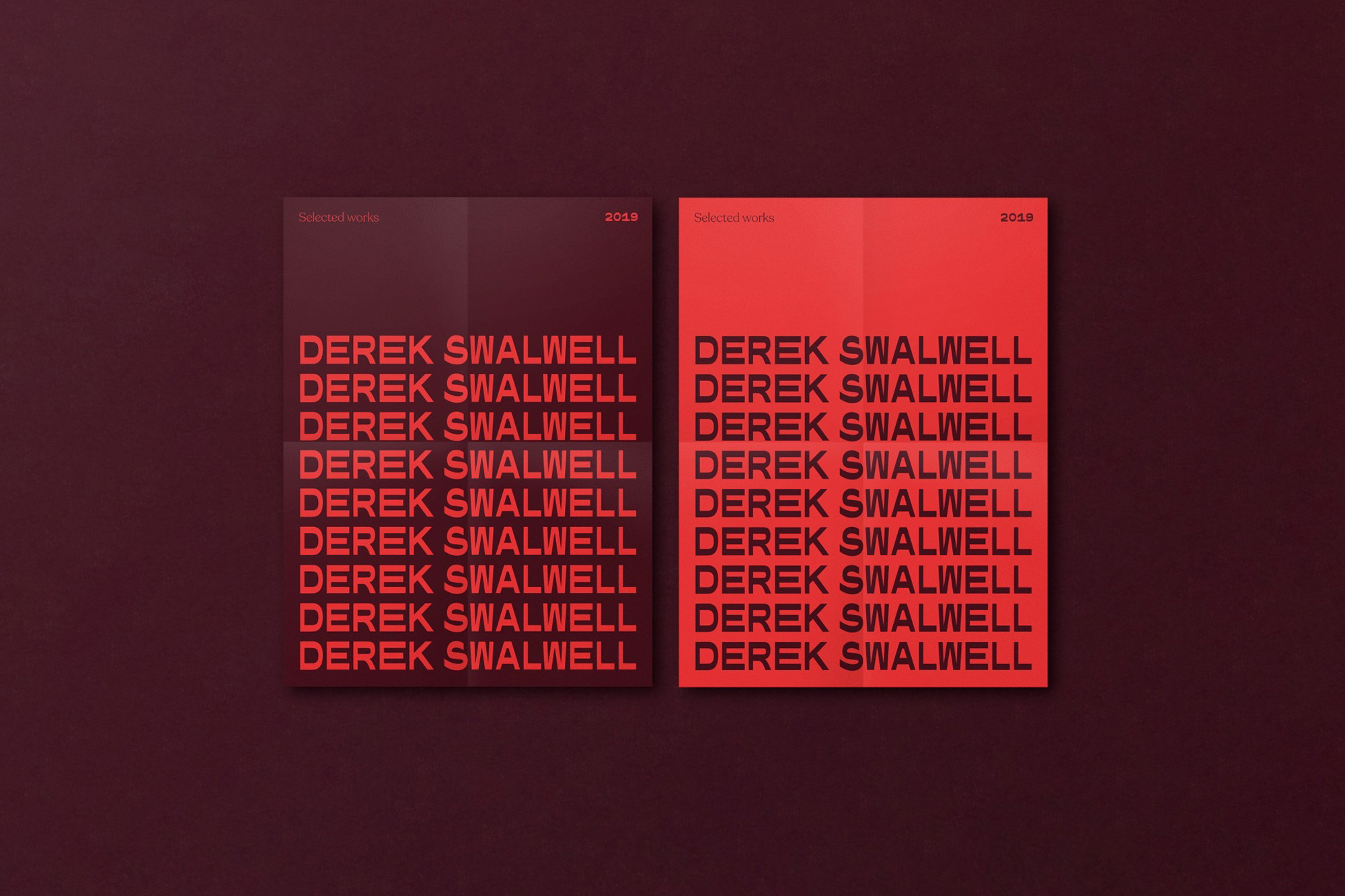 Two graphic design posters featuring the name 'Derek Swalwell' in a repeated, stacked format, set against a maroon background.