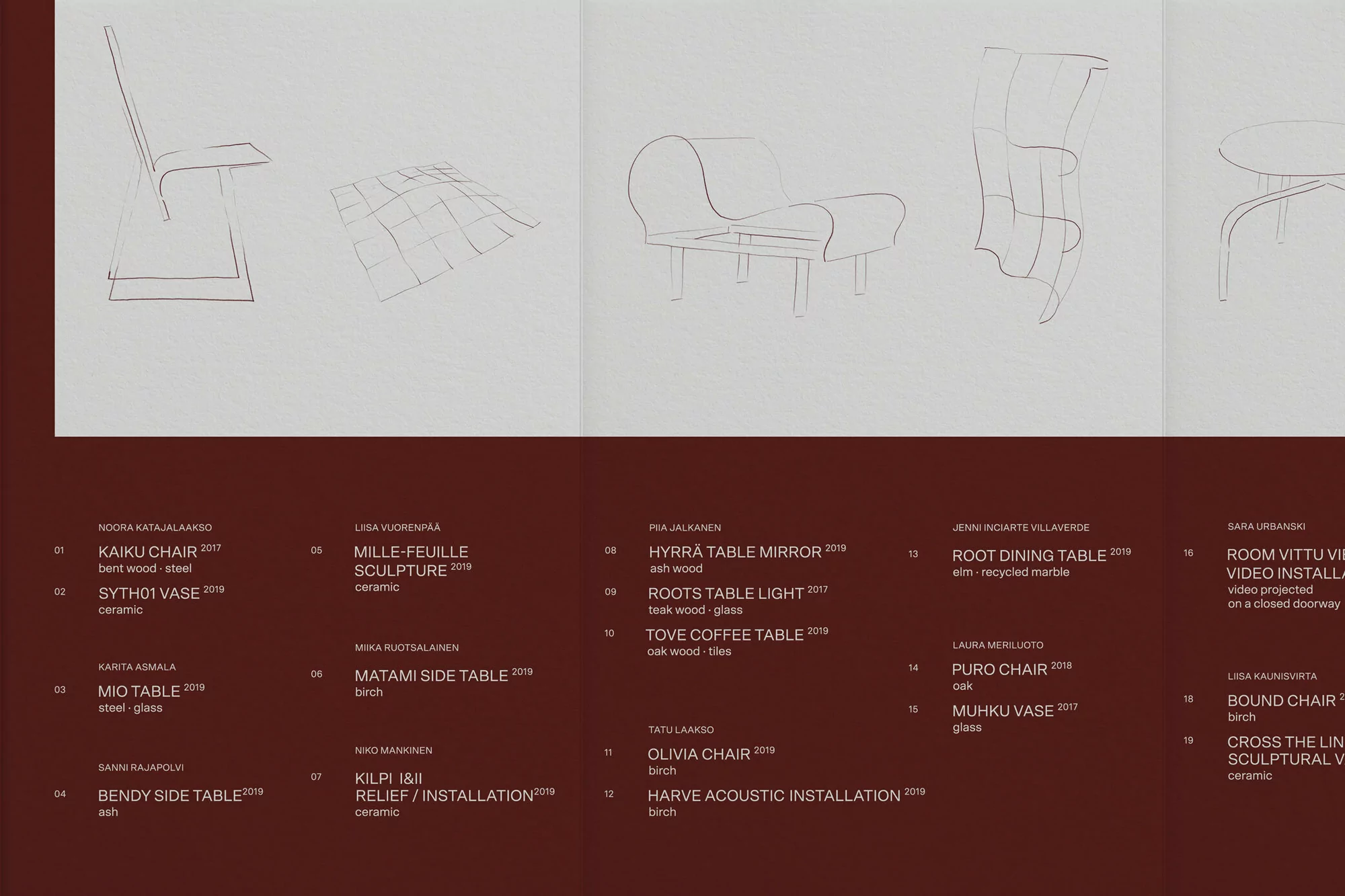 Sketches of chairs, tables, and vases from the 'Kaiku Chair' collection, showcasing minimalist furniture designs on a neutral background.