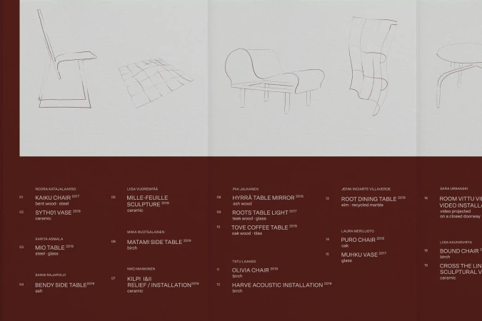Sketches of chairs, tables, and vases from the 'Kaiku Chair' collection, showcasing minimalist furniture designs on a neutral background.