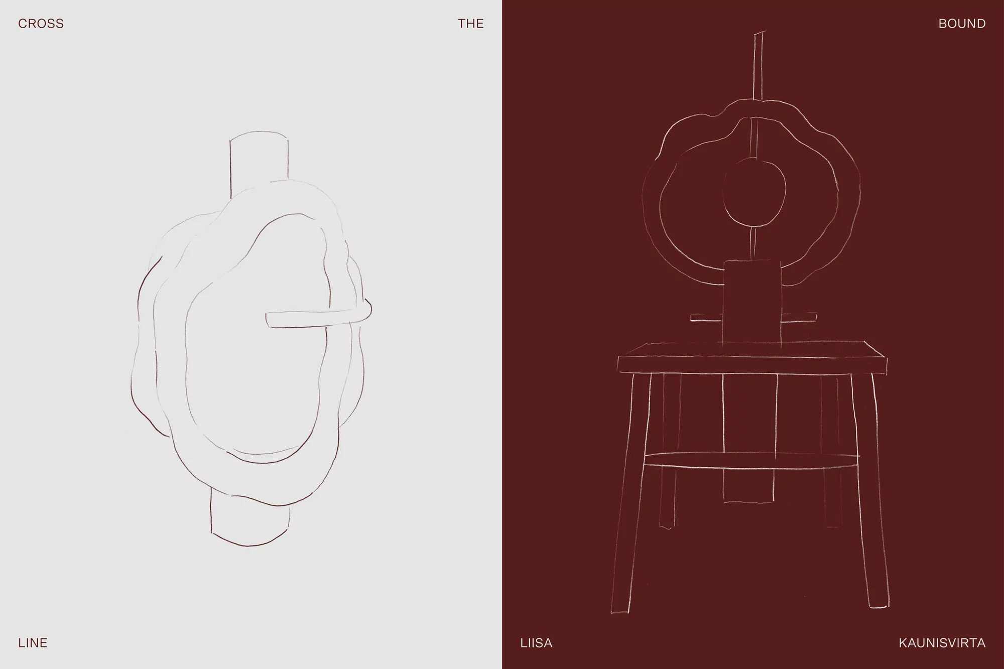 Artistic illustration with two abstract objects in white outline on a split gray and maroon background. Minimalist design and composition.