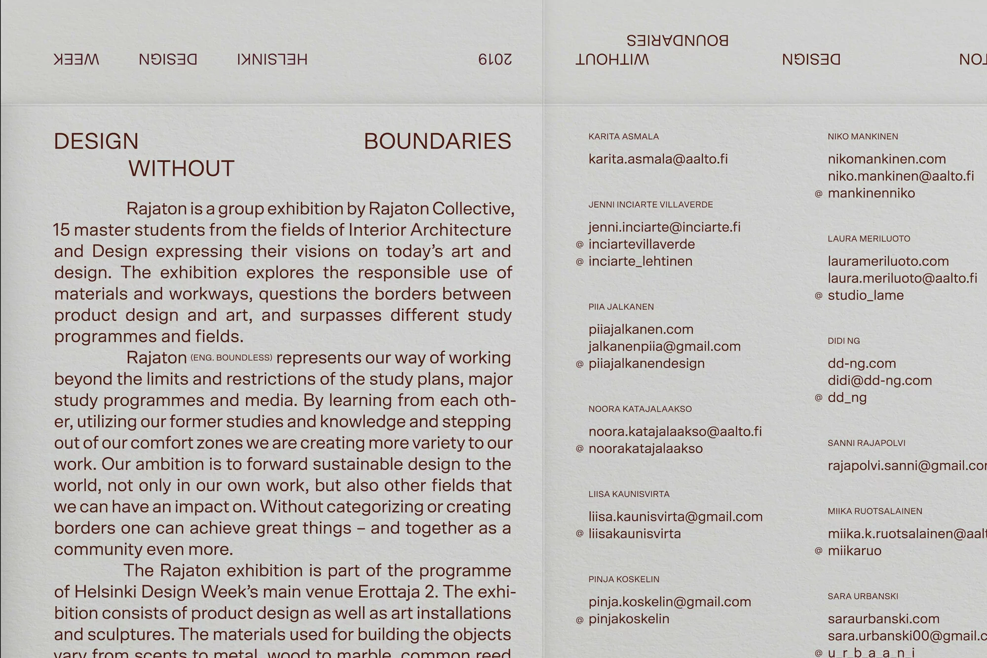 Typography exhibition layout with columns of text and contact details on a textured neutral paper background