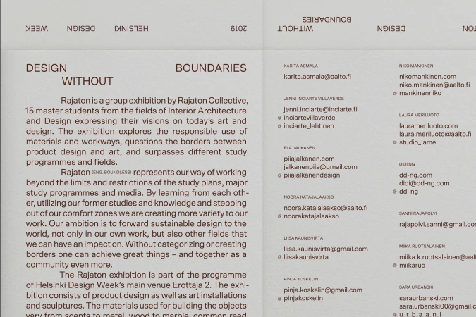 Typography exhibition layout with columns of text and contact details on a textured neutral paper background