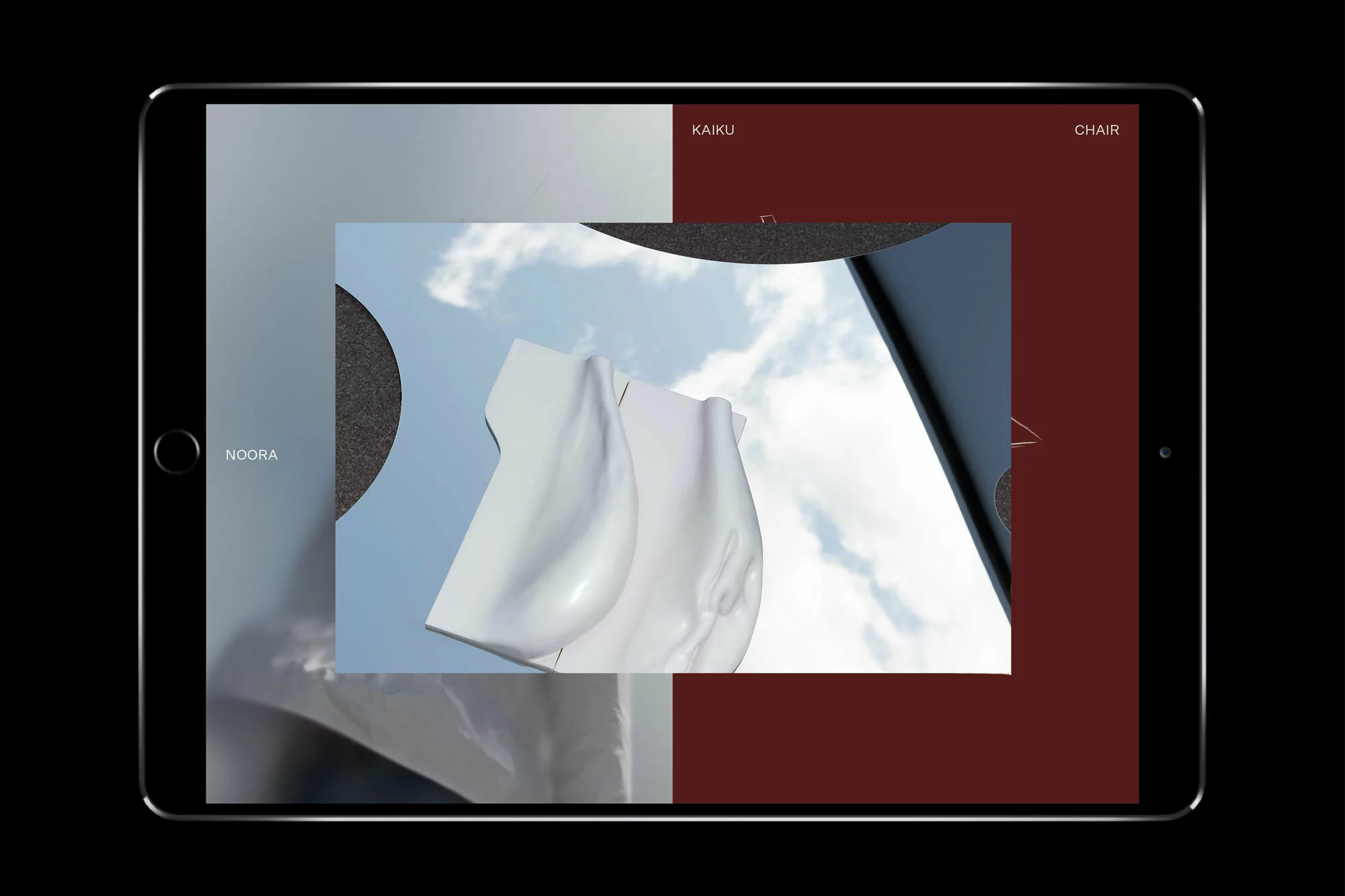 Digital art on a tablet featuring an abstract white sculpture against a sky backdrop with clouds and geometric shapes.