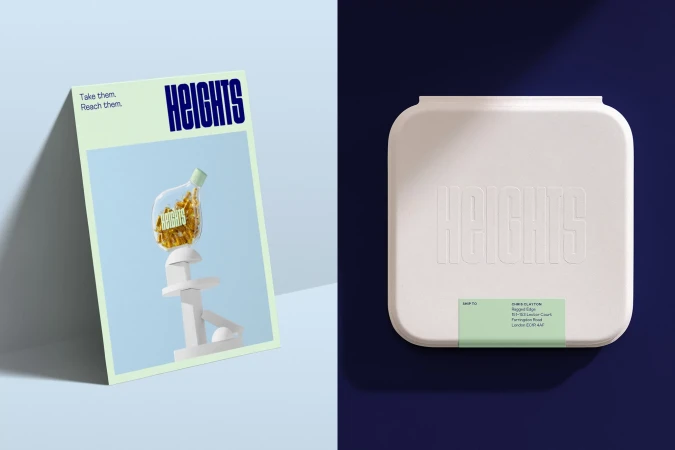 Heights brand product photography: a brochure featuring a vitamins container on a stand plus product packaging on a navy background.