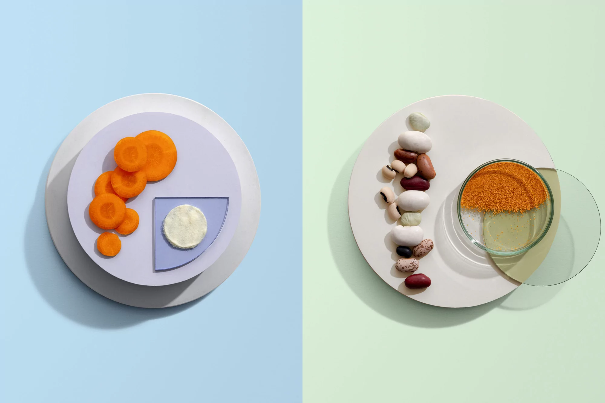 Still life food photography featuring sliced carrots, beans, lentils, and textured paper on blue and green split background. 