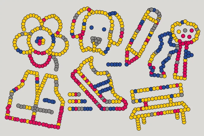 Cartoon image with dot-art outlines of a flower, dog, pencil, figure, shirt, shoe, and bench on a gray background.