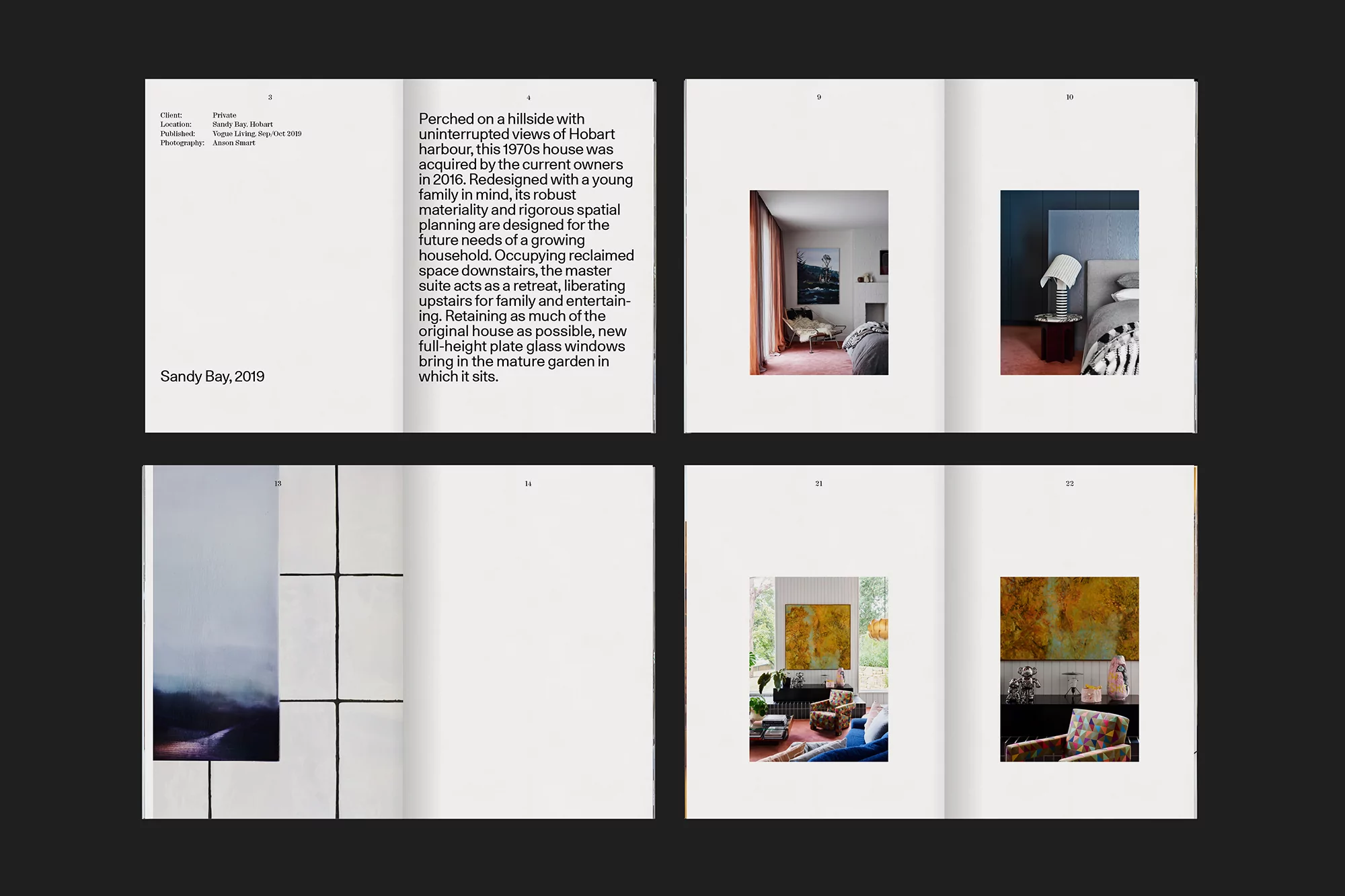 Open book showcasing interior design of house in Sandy Bay, Hobart, featuring views of Hobart harbor. Interior design and architecture publication.
