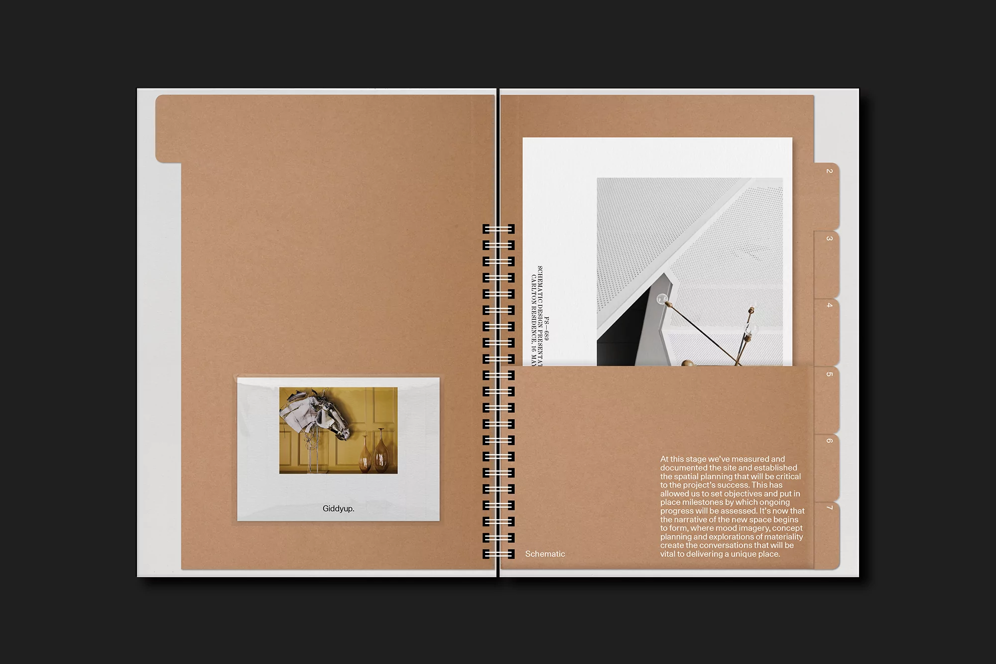 Open notebook featuring interior design concept photographs and project planning notes, styled with tan and white pages against a black background.