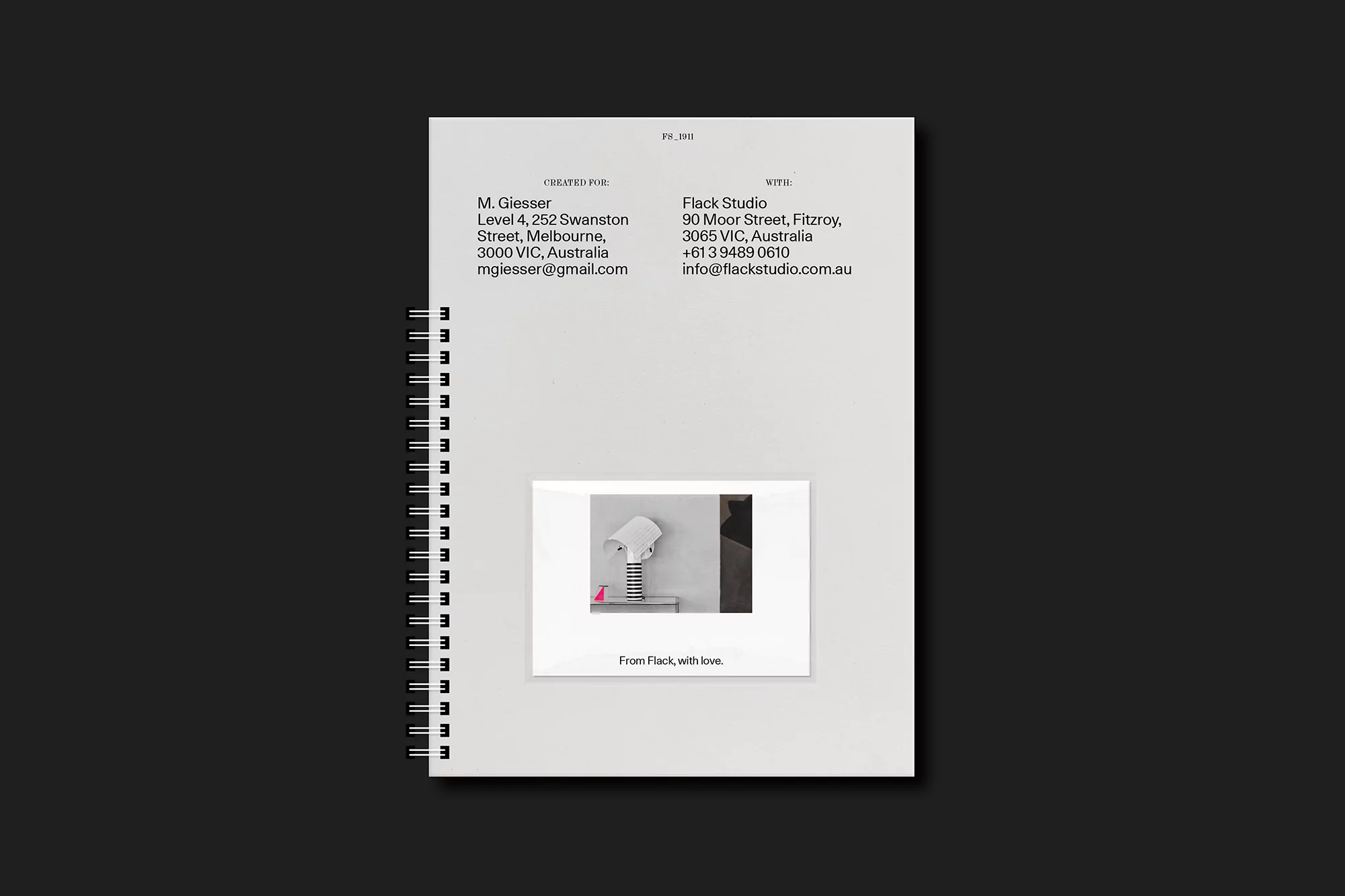 Promotional image featuring a white binder with a photograph and text about Flack Studio and M. Giesser against a dark background.