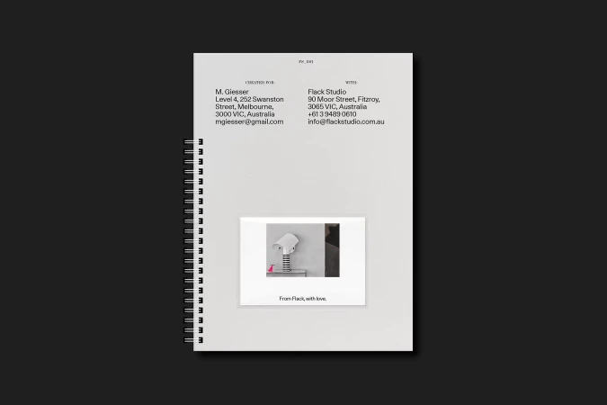 Promotional image featuring a white binder with a photograph and text about Flack Studio and M. Giesser against a dark background.