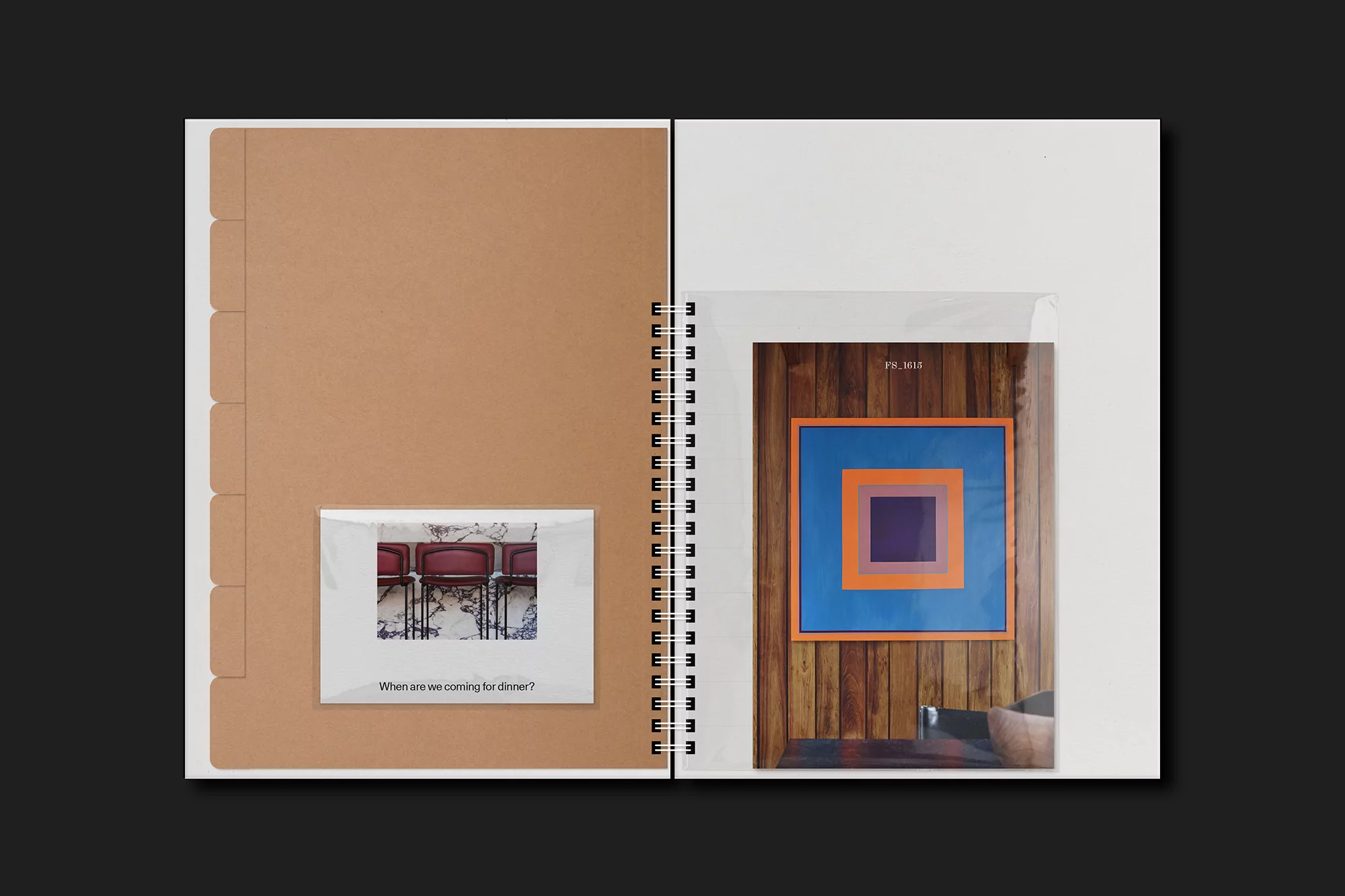 Open notebook displays photos: one of chairs and a dinner question, the other a color block print on a wooden wall. 