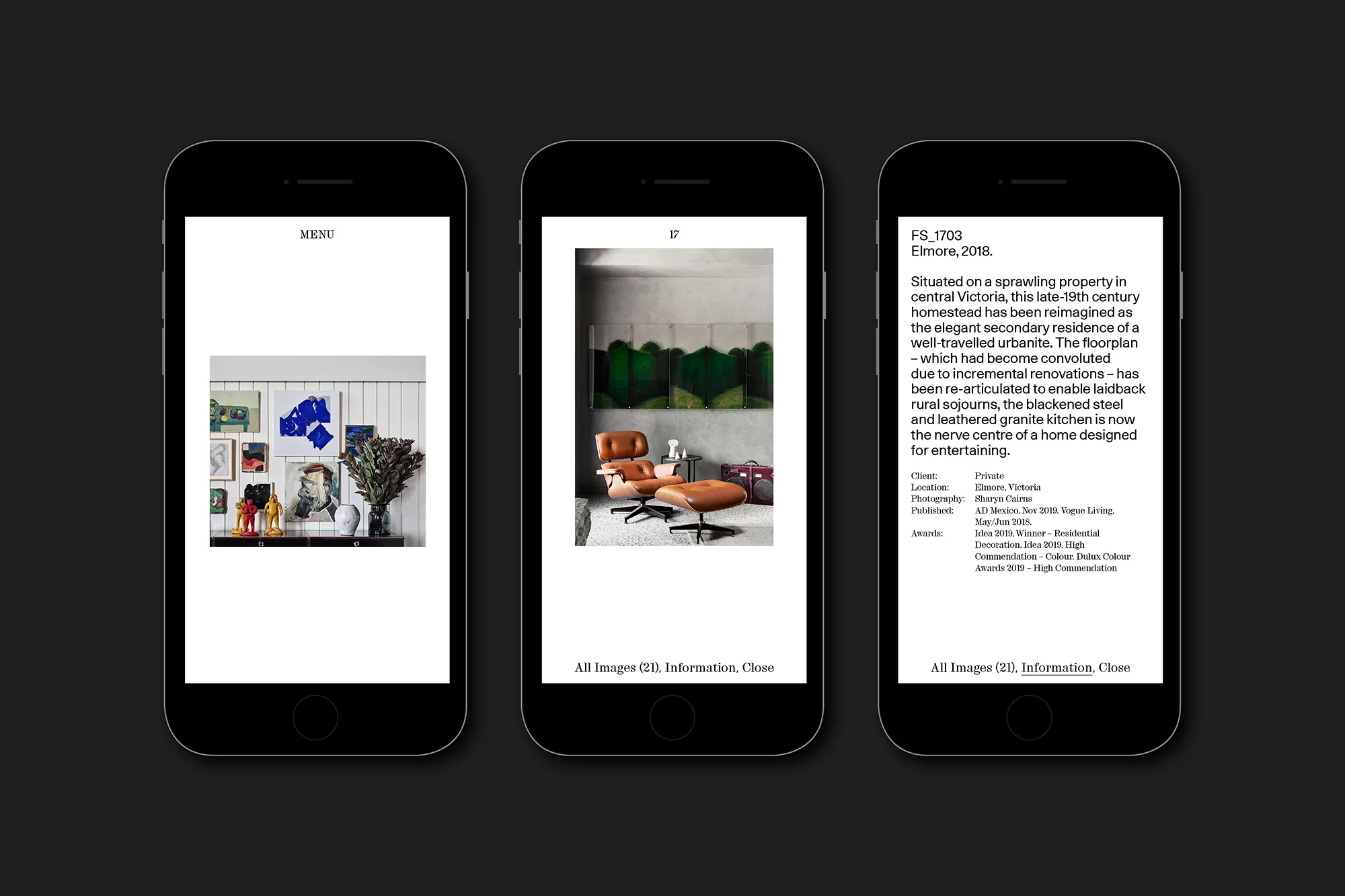 Three smartphone screens displaying different elements of an interior design: details, furniture, and descriptive text layout.