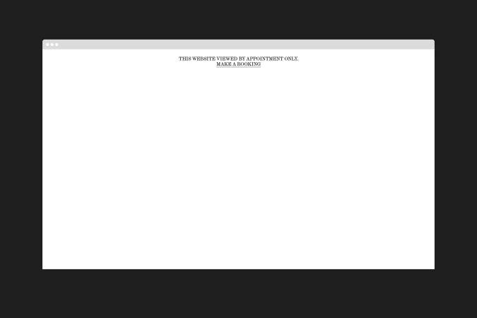 Minimalist website interface mockup showing centered serif text on a white browser window